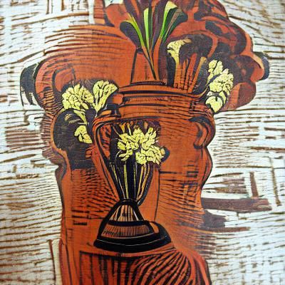 Flowers in Vase Woodcut Illustration
