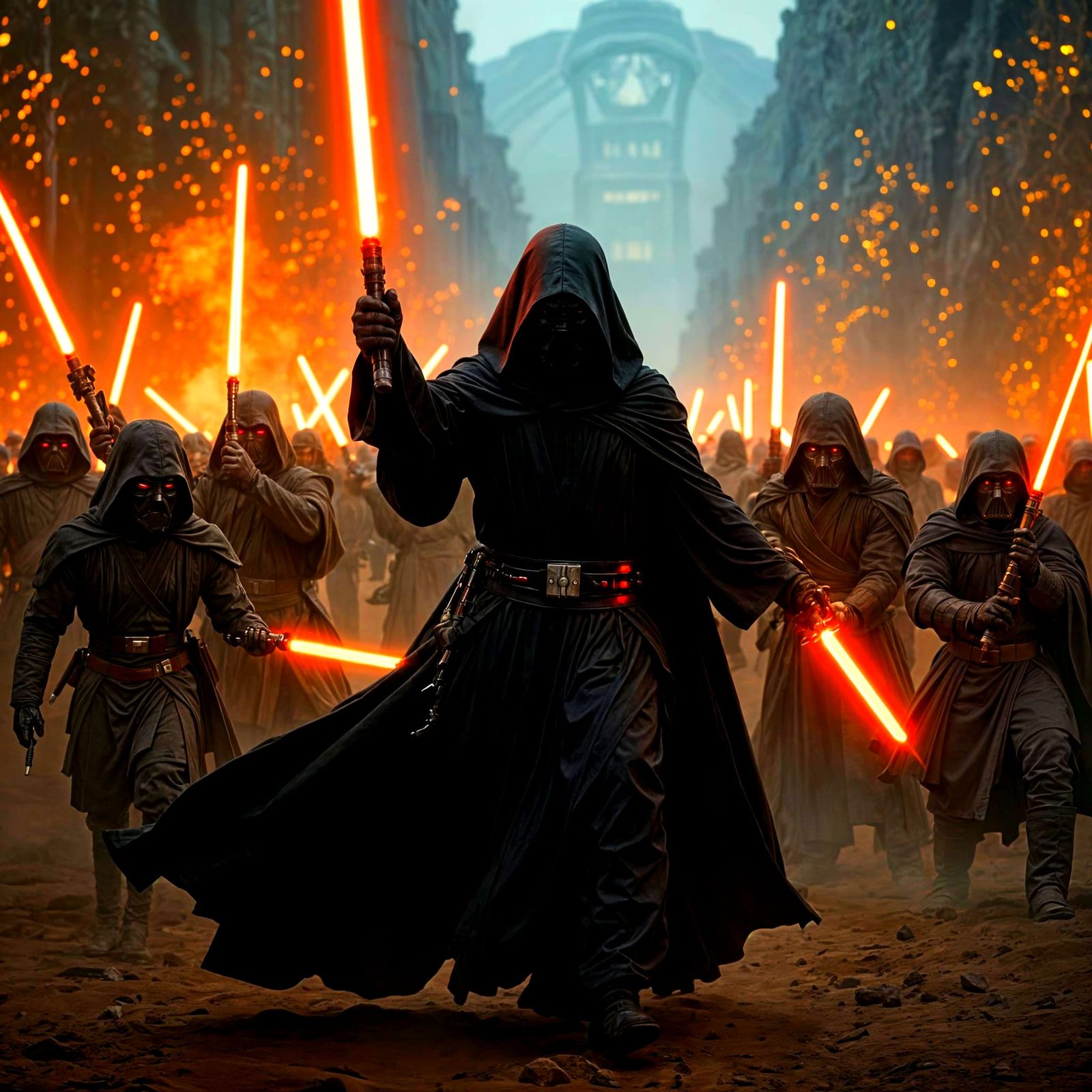 Epic Sith Lord Saberstaff Battle in Cinematic Film Still