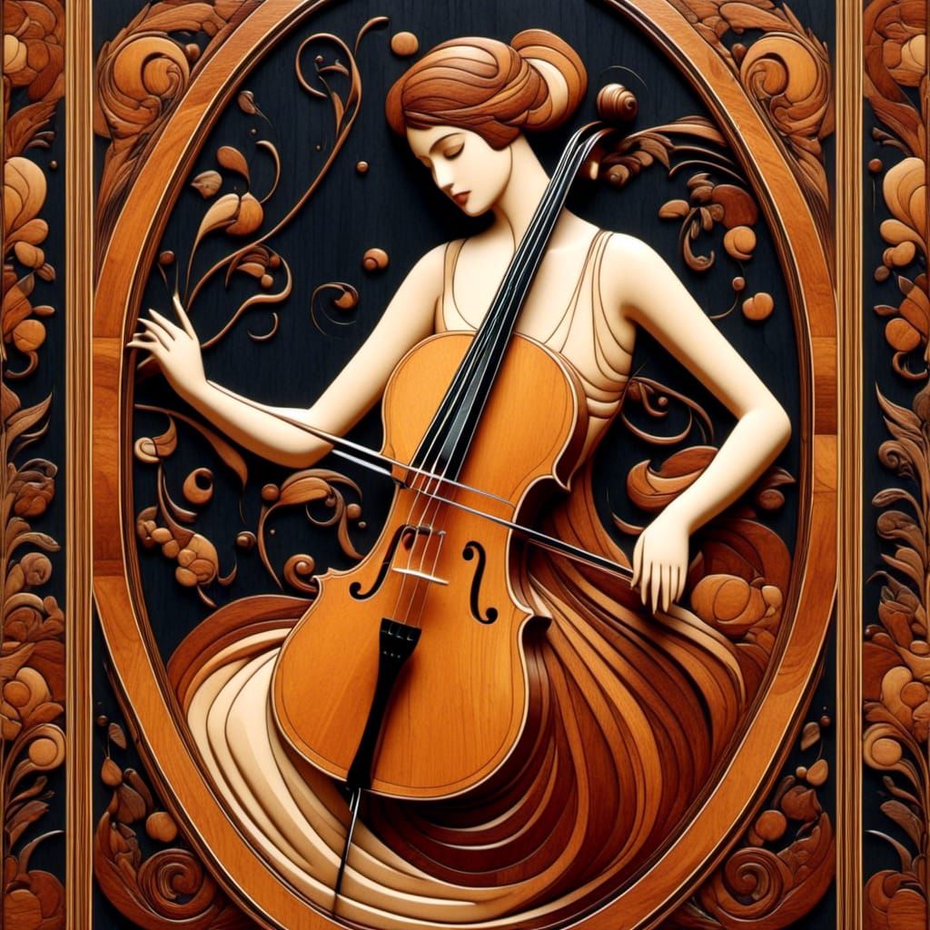 Marquetry Art: Beautiful Musician in Art Deco Salon