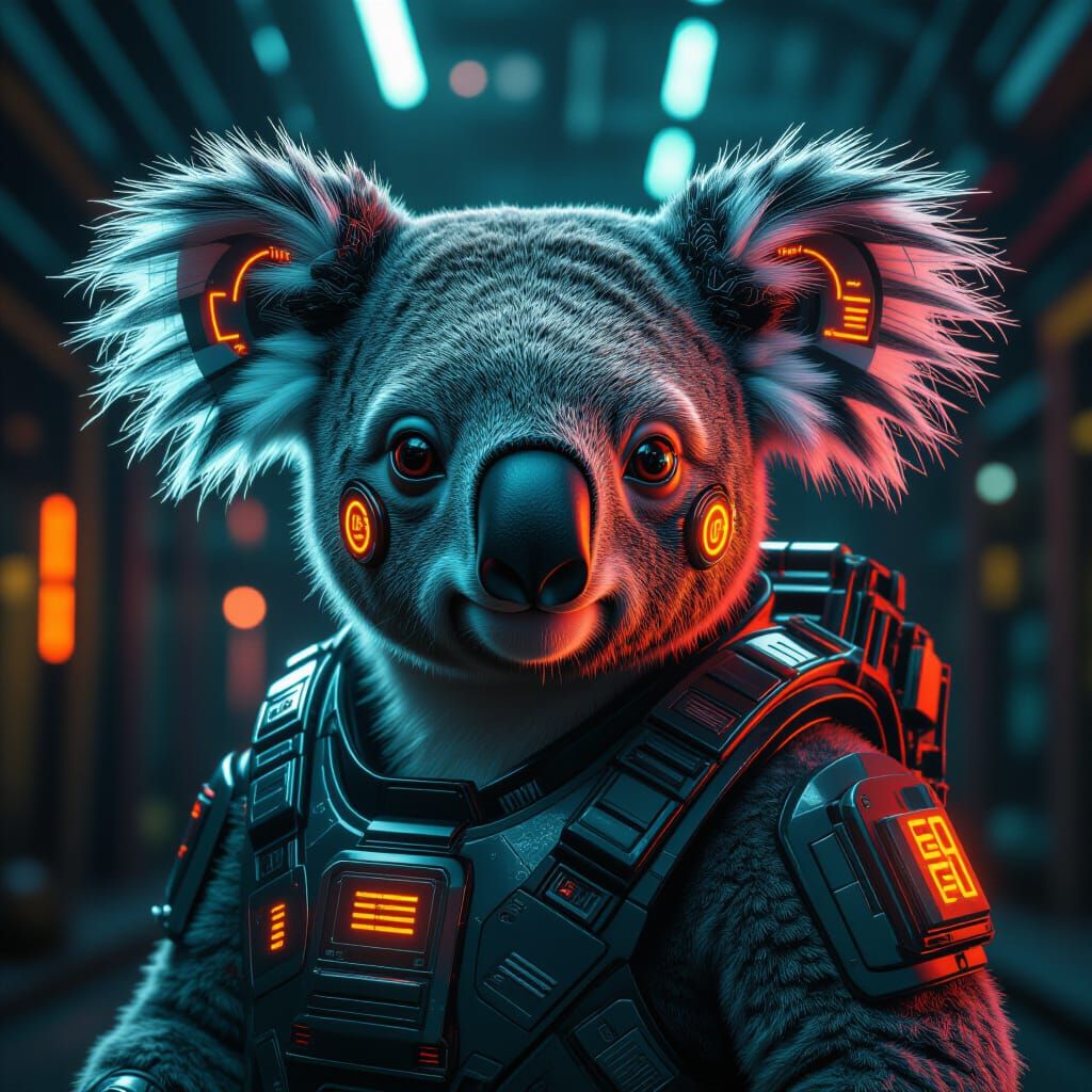 Cybernetic Koala in Steampunk Cyberpunk Landscape