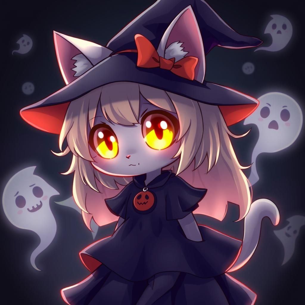 Cute Spooky Anime Catgirl in Witch Dress