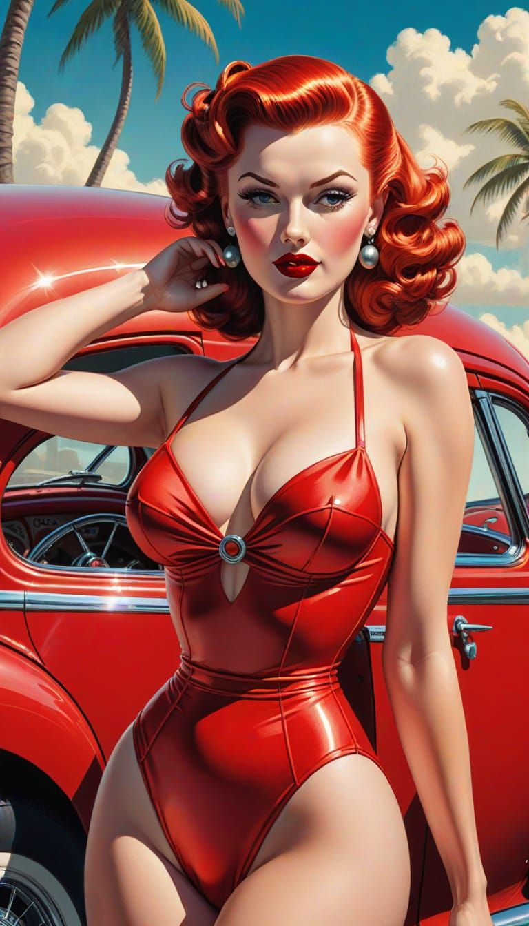 1940s Pin-Up Girl Poses with Vintage Car in Comic Art Style