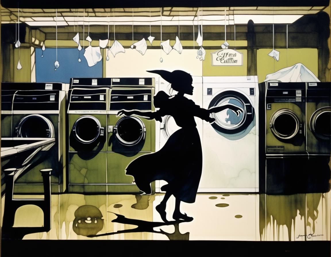 Goblin Girl Dancing in Laundromat, Cel-Shaded Style