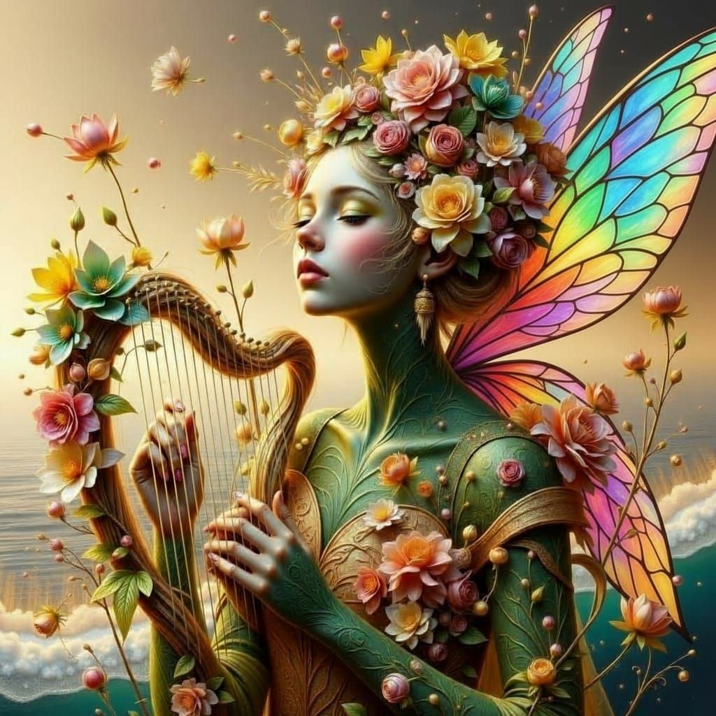 Fairy Elf with Gossamer Wings Among Flowers