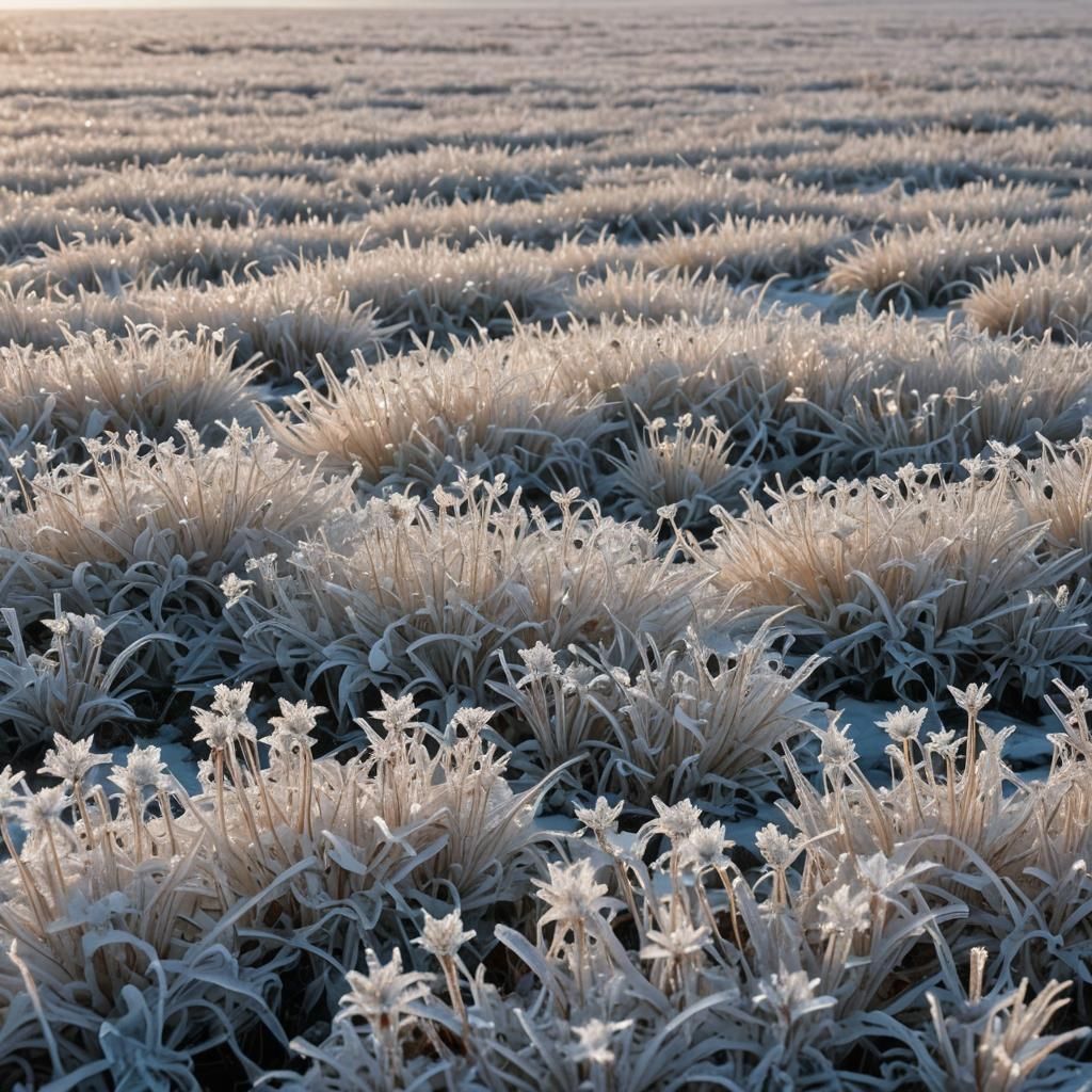 Frosty Field of Ice Flowers in Winter