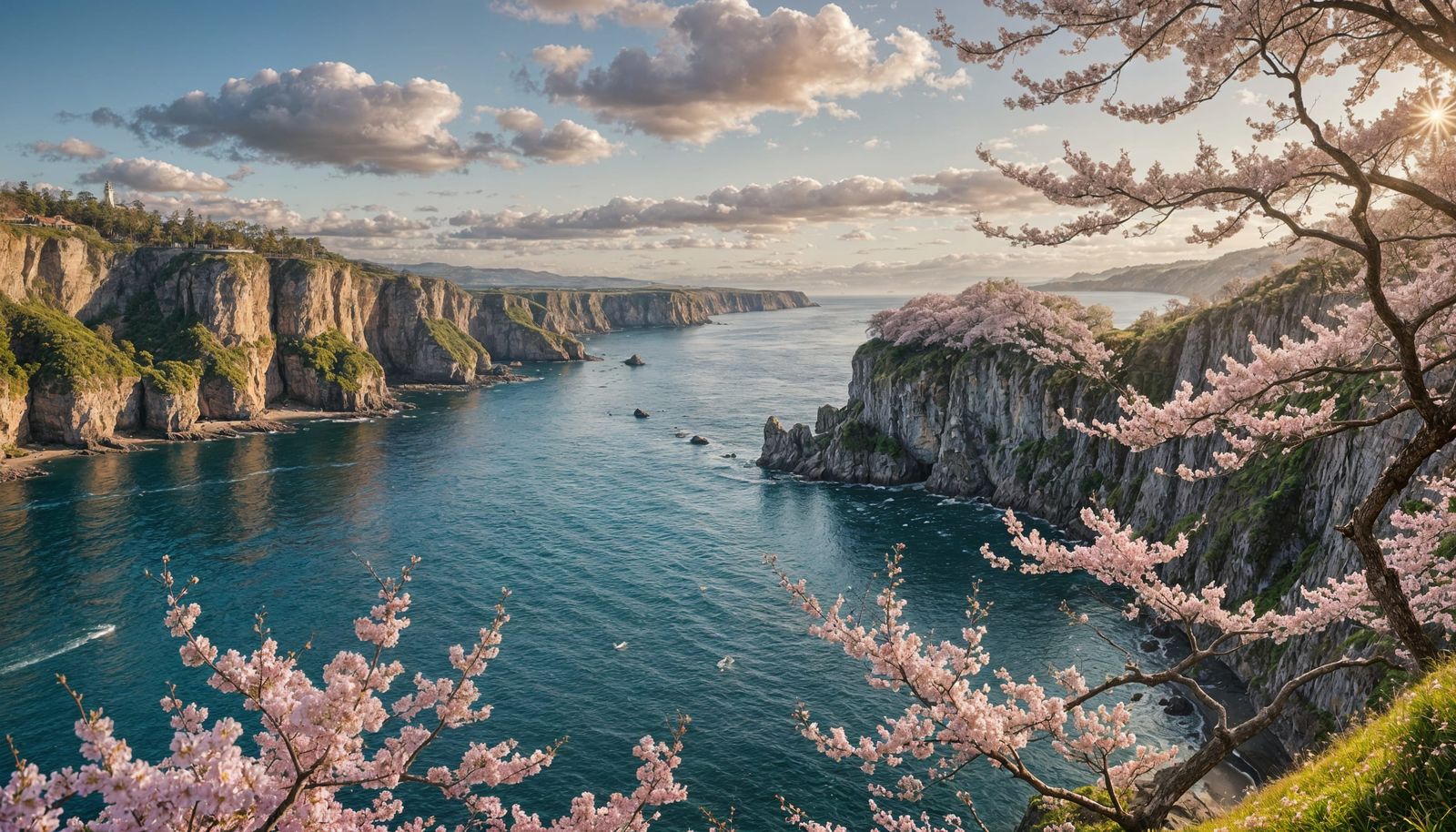 Cliffs and Cherry Blossoms by the Ocean