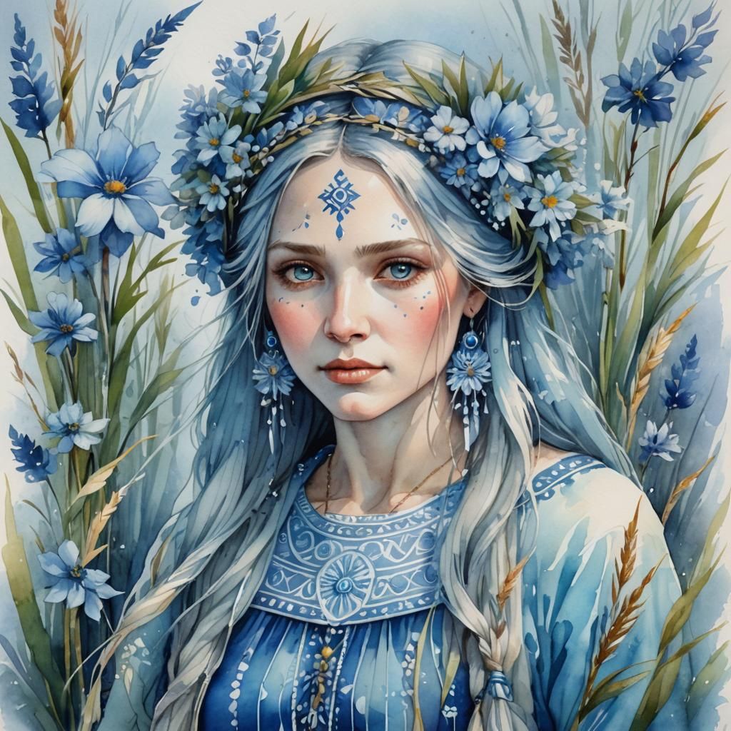 Bereginya Water Spirit in Watercolor Fantasy Art