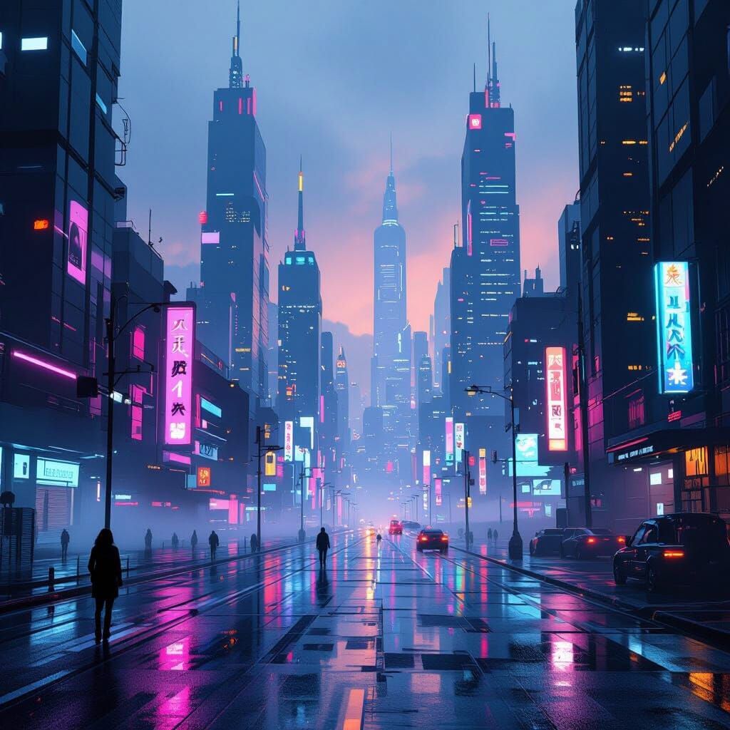 Futuristic Cyberpunk Cityscape at Dusk