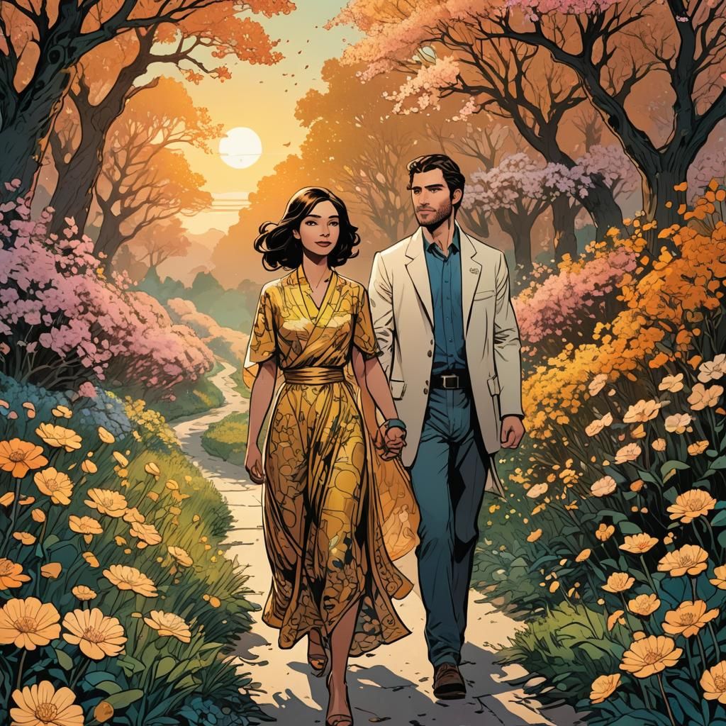Couple Strolls on Luminous Flower Path: Comic Book Art