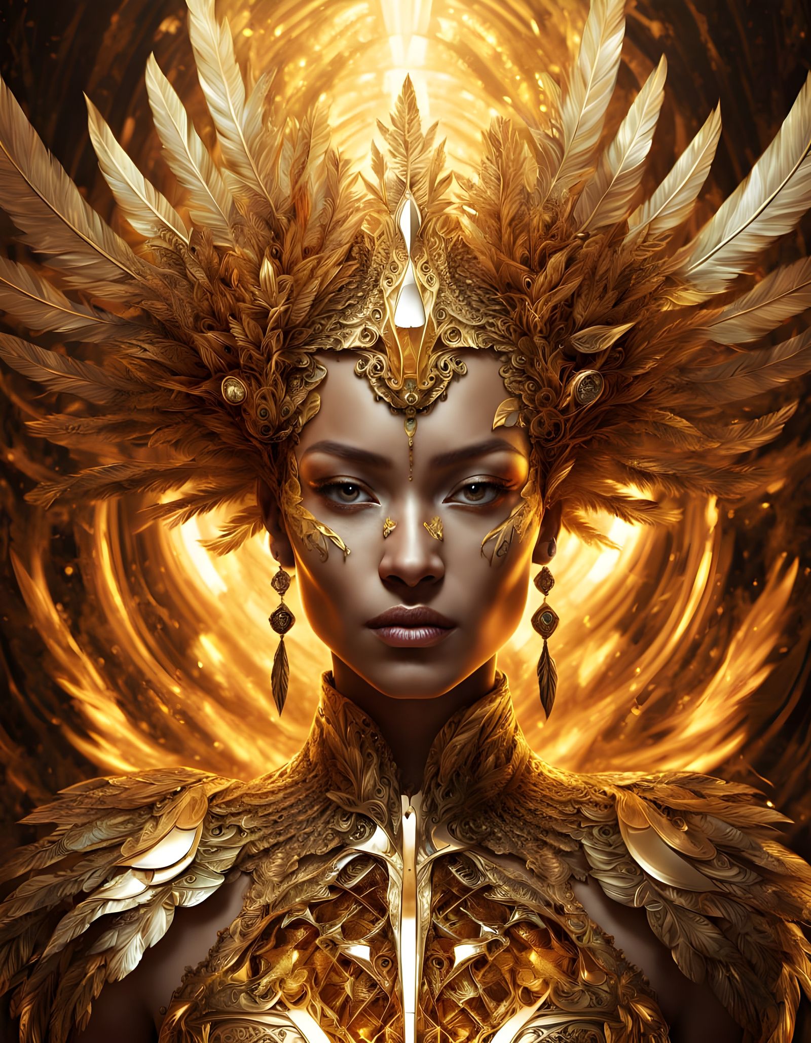 Epic Hyperrealistic Portrait of Firebird Girl in Gold and Fi...