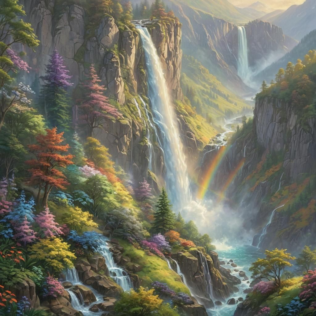Rainbow Waterfall in Ethereal Fantasy Landscape