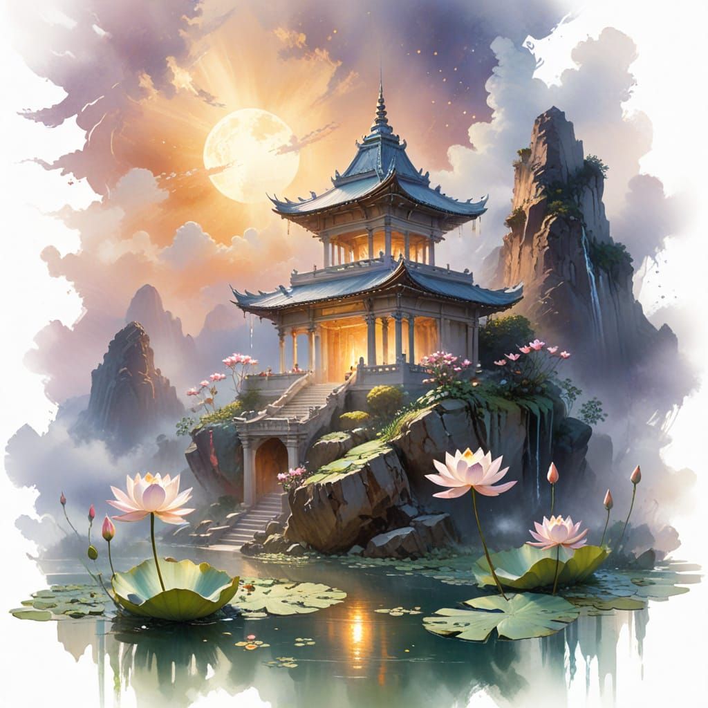 Moonlit Temple in Crater with Floating Lotuses