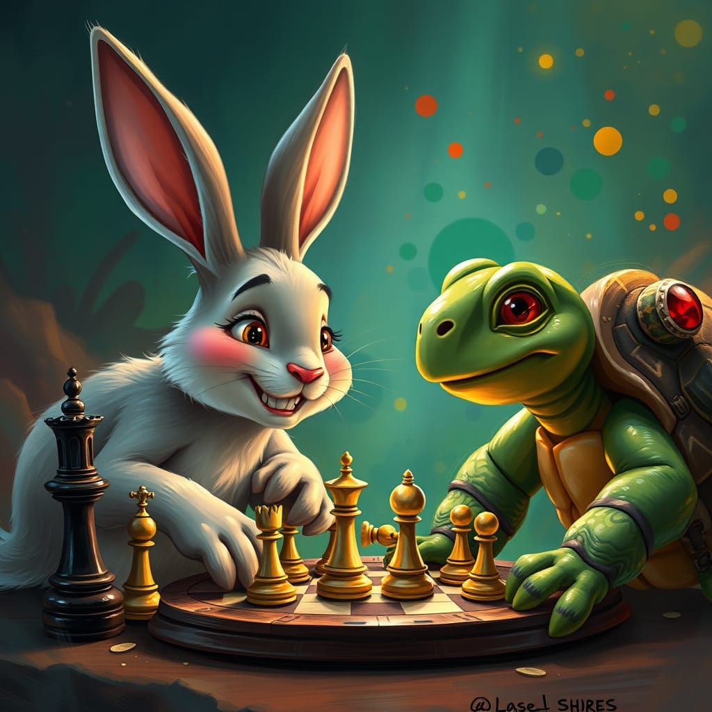 Adorable Rabbit and Tortoise Chess Players in Whimsical Fant...