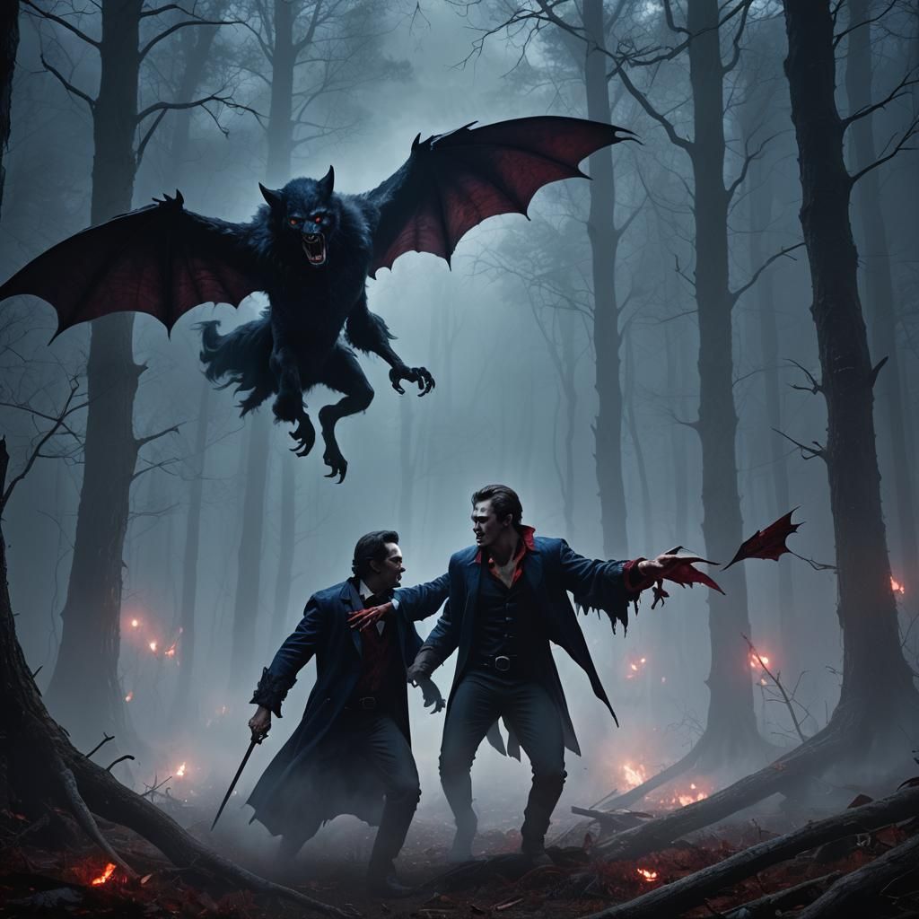 Vampire Bat-Man vs Werewolf in Misty Forest
