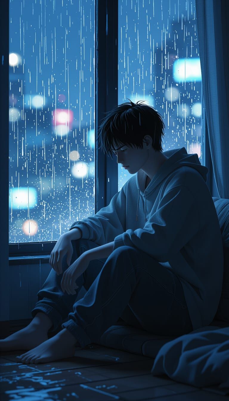 Melancholic Young Man in Dimly Lit Anime Apartment