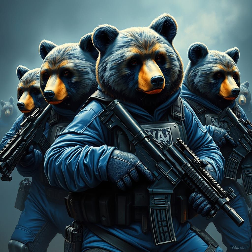 Militarized Werebears in Cobalt Blue Tactical Gear