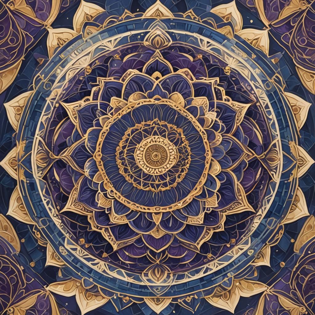 A serene and intricate mandala design with a central focal point symbolizing the universe's origin