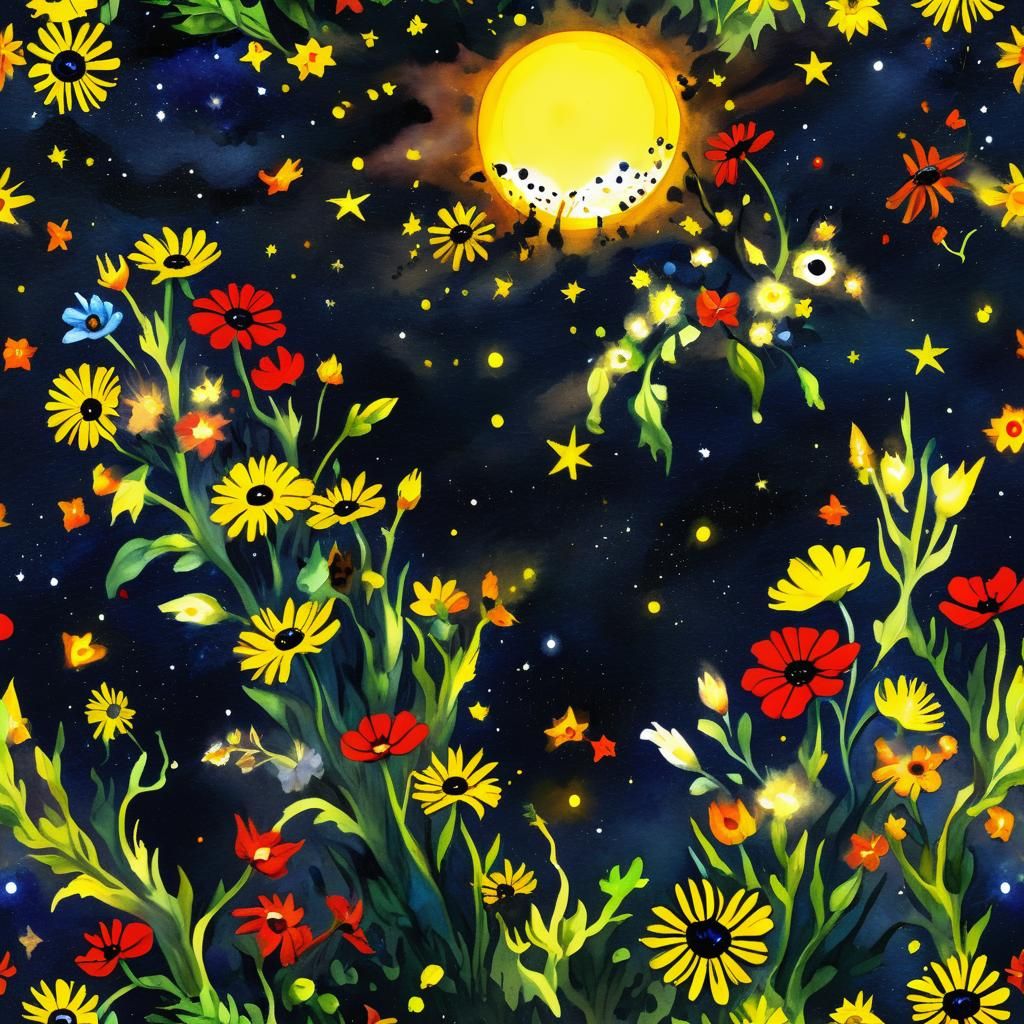 Surreal Meadow Flowers and Night Stars in Impasto Style