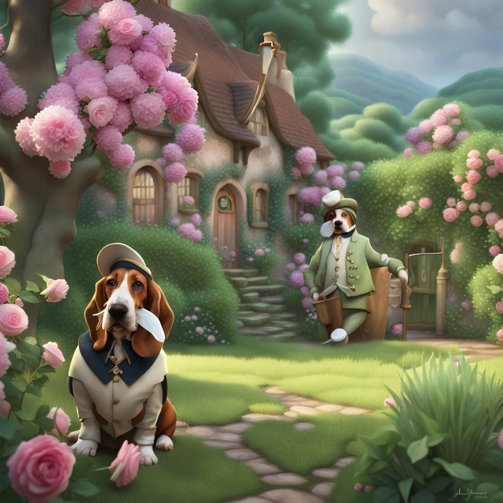 English Garden with Basset Hound Gardener