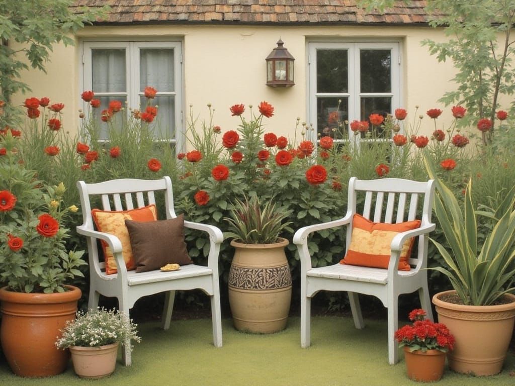 Vibrant Garden Oasis with Whimsical Seating