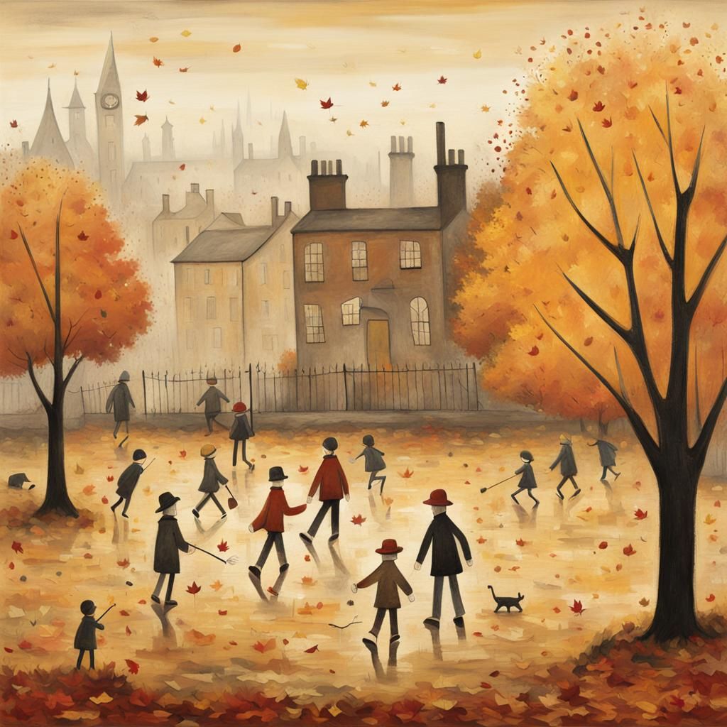 Children Playing in Autumn Leaves, Naive Art Style