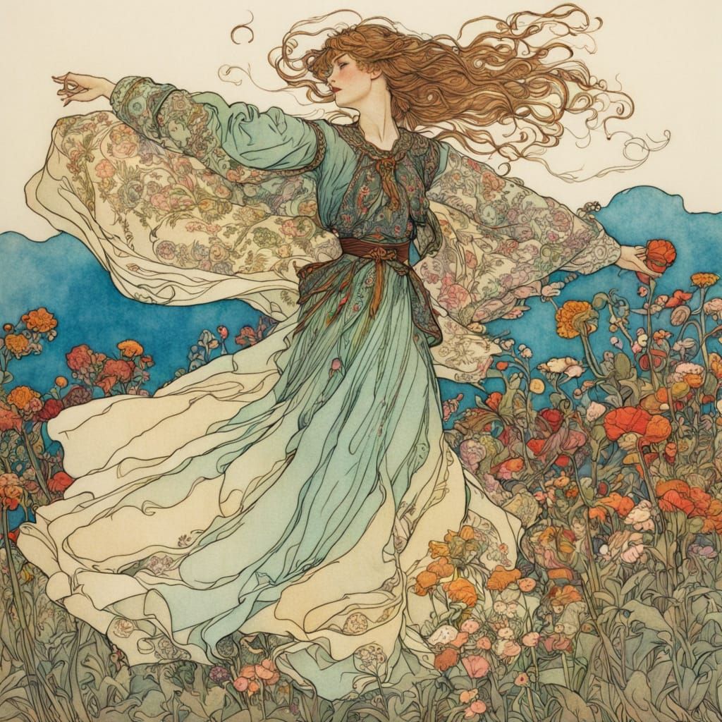 Joyous Dancer in Floral Field, Art Nouveau Style