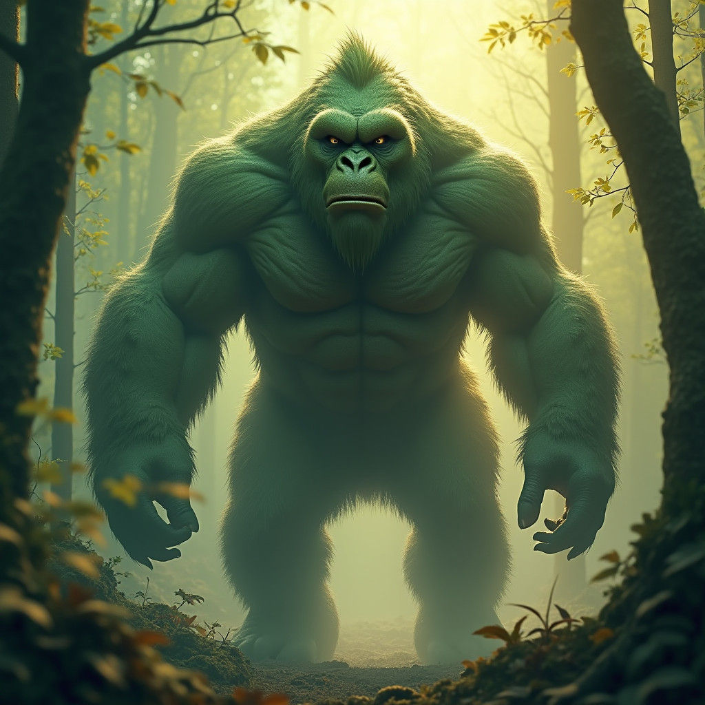 Menacing Green Yeti in Misty Forest