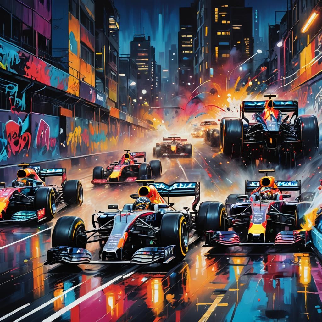 F1 Cars Racing: Vibrant Street Art in Polychromatic Palette