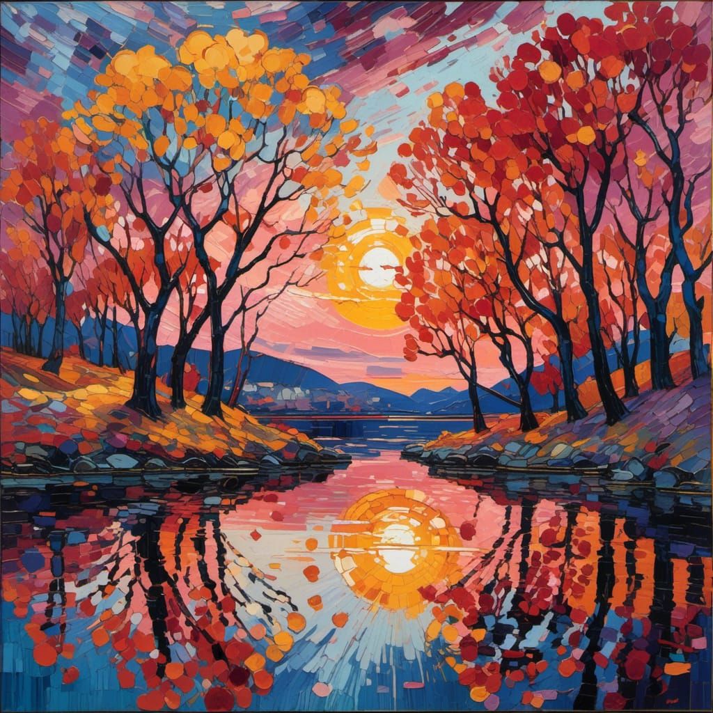 Serene Sunset Impressionistic Painting with Golden Glow