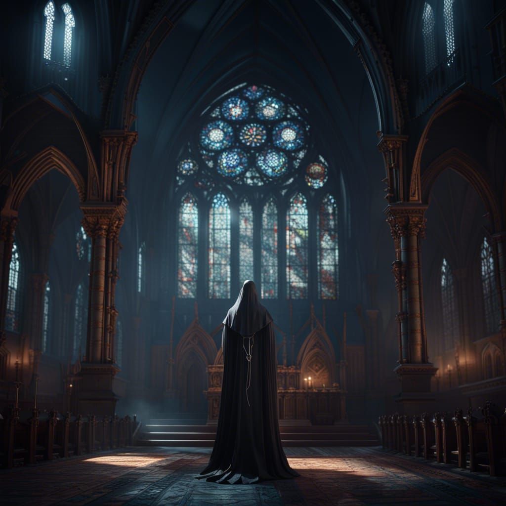 Gothic Church Ghost Scares Nuns: Dark Fantasy Art