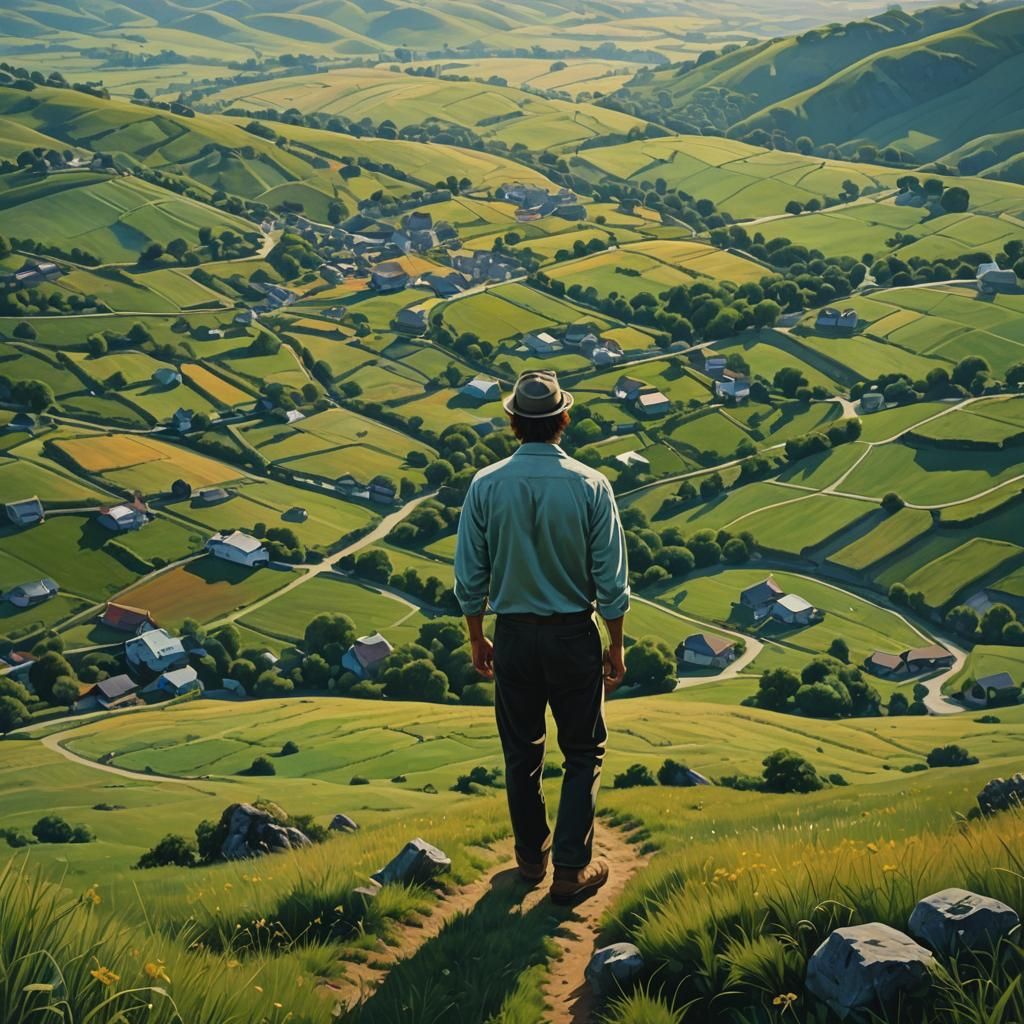 Hyperrealistic Man Still on Hill: Cinematic Quality