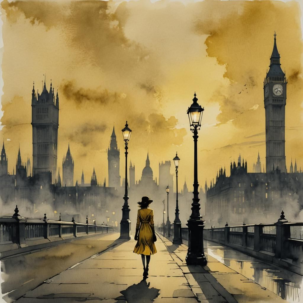 Ink Painting of Girl on Bridge, London Skyline