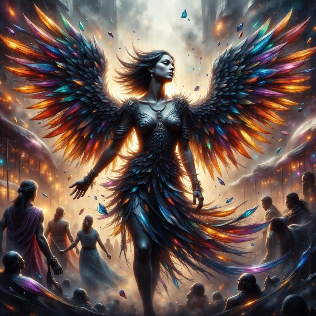 Dark Angel Descends into Chaotic Marketplace in Fauvist Styl...