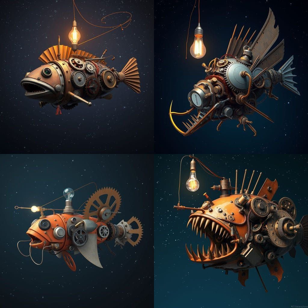 Mechanical Anglerfish in Surreal Ochre-Orange Landscape