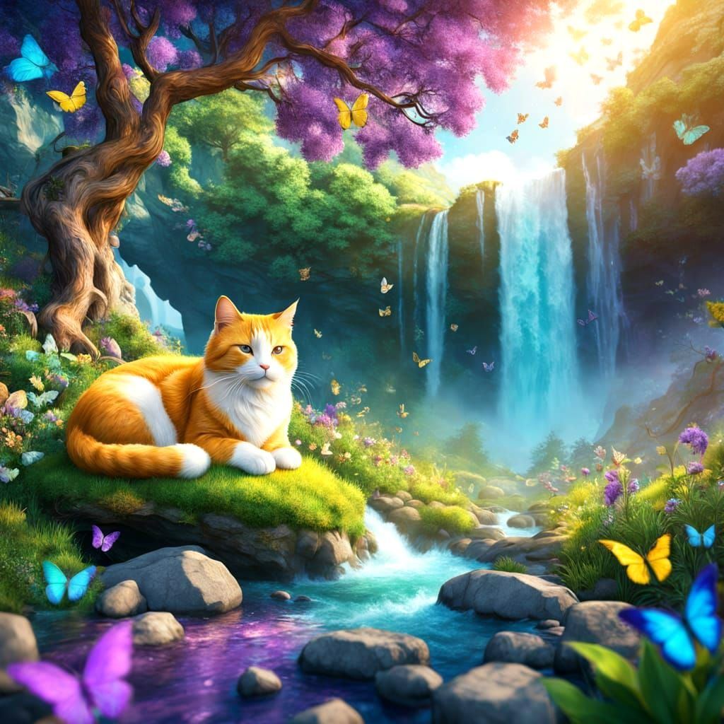 Whimsical Waterfall Oasis in Vibrant Colors