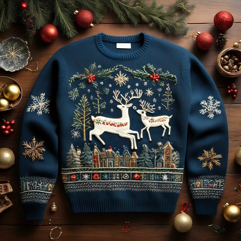 Christmas Sweater Decorated with Folk Art Embroidery