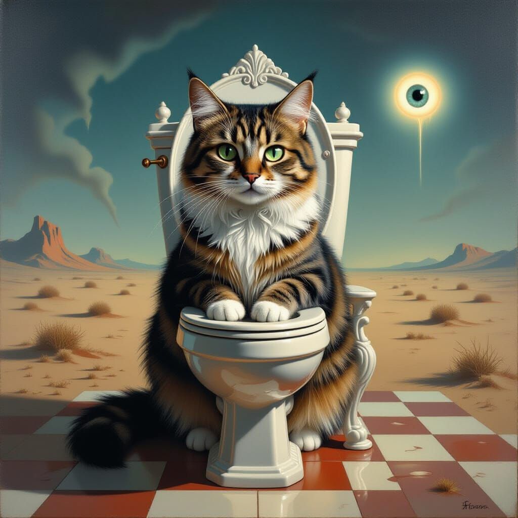 Surrealist Cat with Toilet Face on Throne Painting