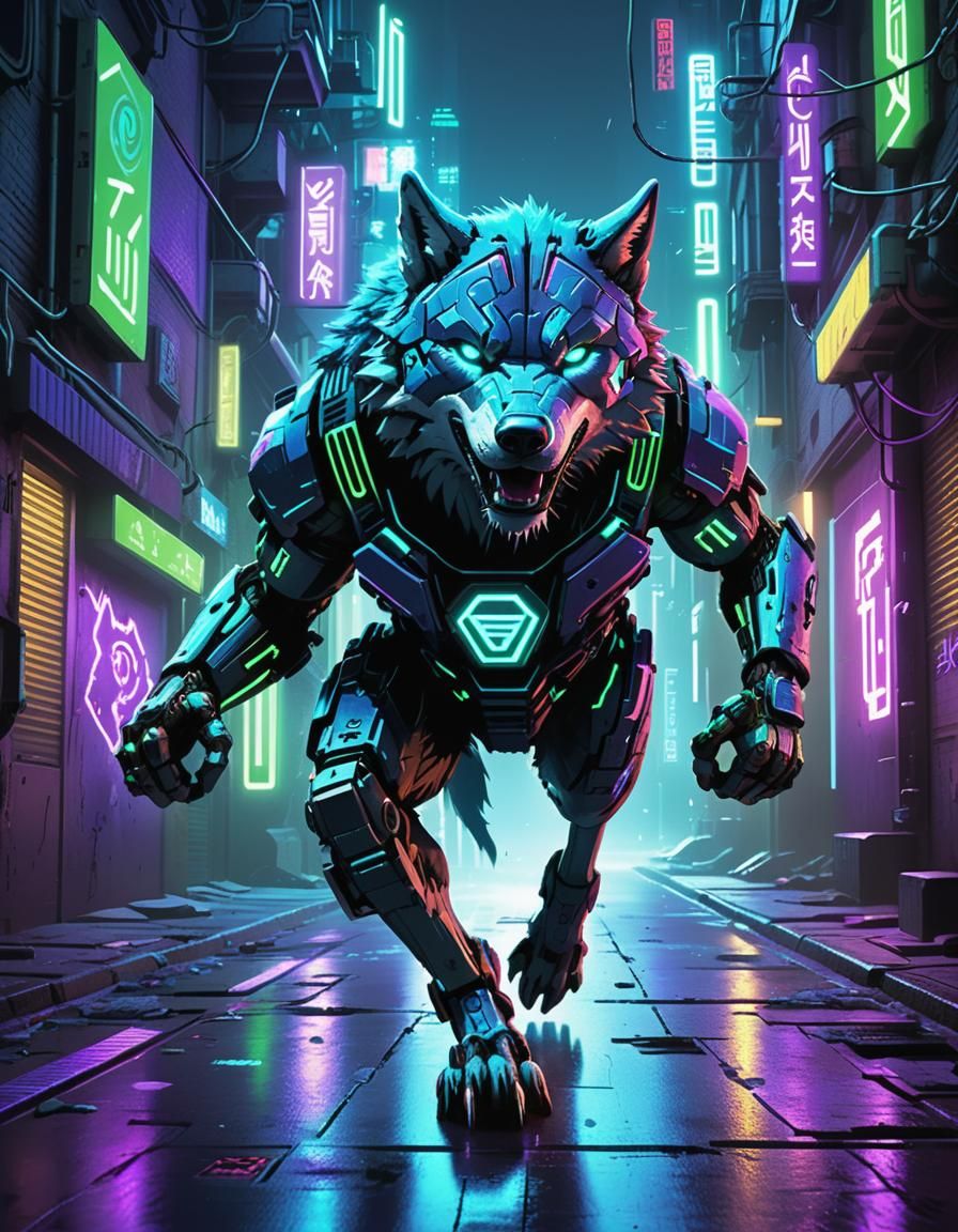 Cyberpunk Wolf Cyborg Running in Neon Alley