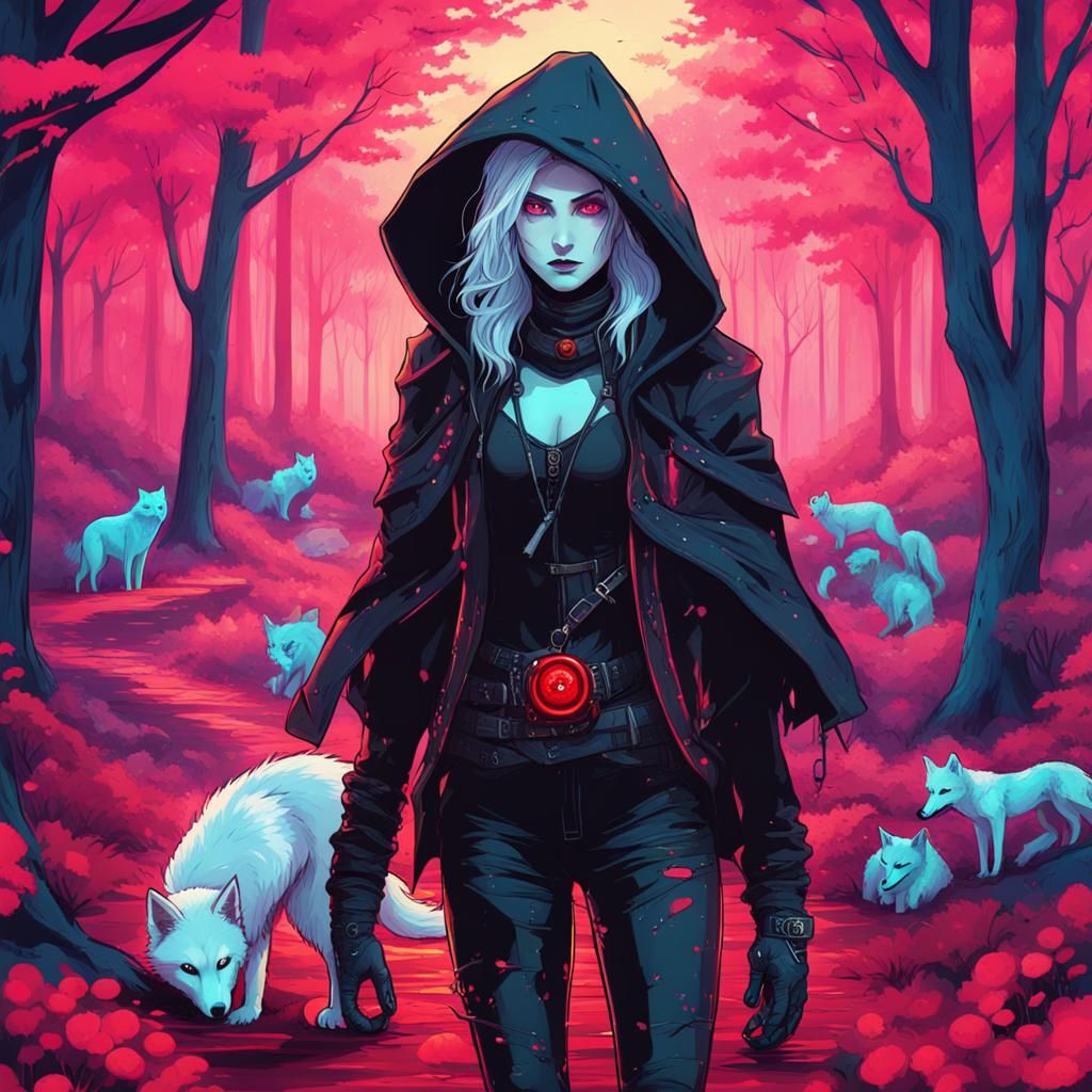 Vampire in Cyberpunk Forest with Wolf