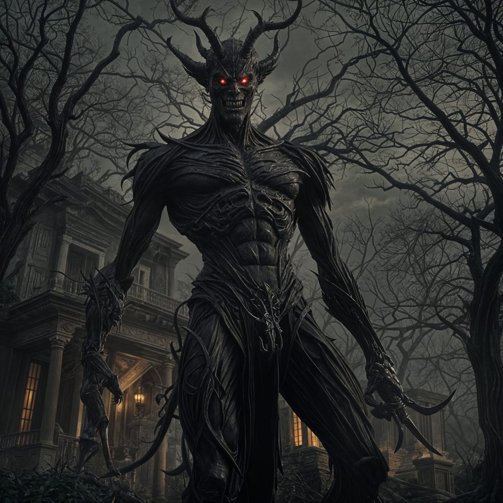 Sinister Devil Outside Villa with Weapon