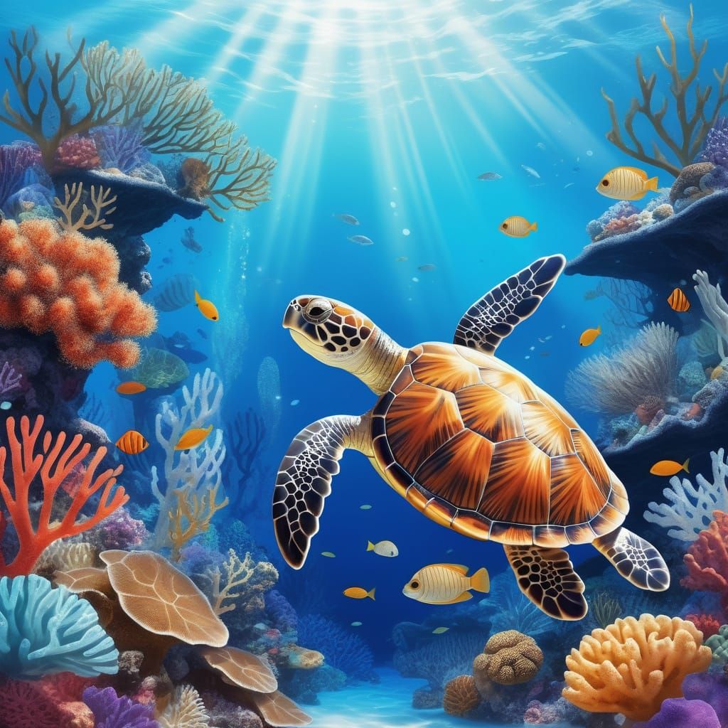 Whimsical Gray Turtle Soars Over Vibrant Coral Reef
