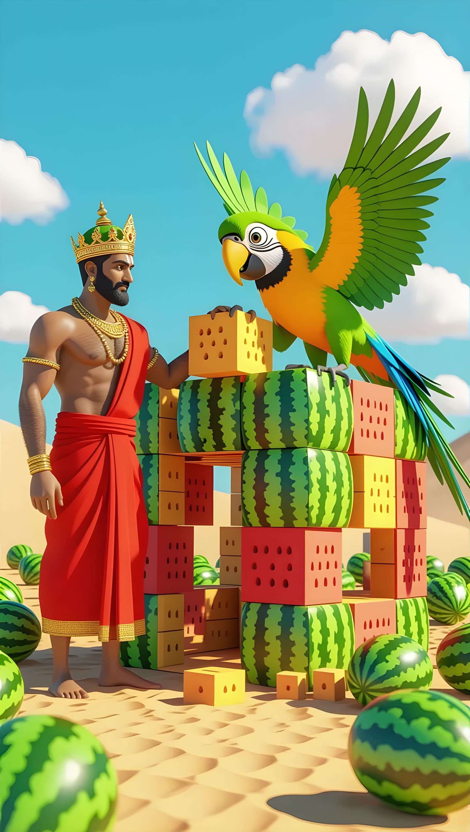 Desert King Builds Watermelon Palace with Trusty Parrot