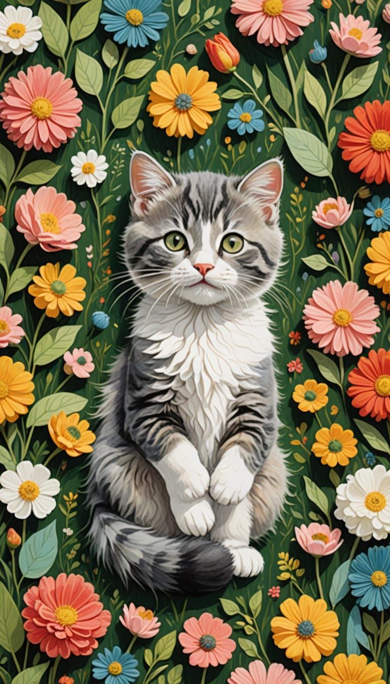 Whimsical Garden Scene with Kitten and Wool