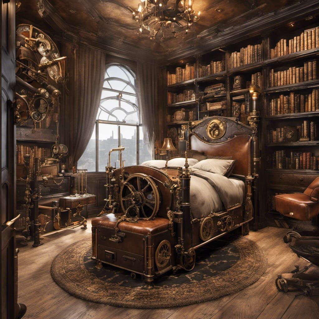 a steampunk-infused royal bedroom with visible gears, brass fittings, and vintage leather. Incorporate a library area wi...