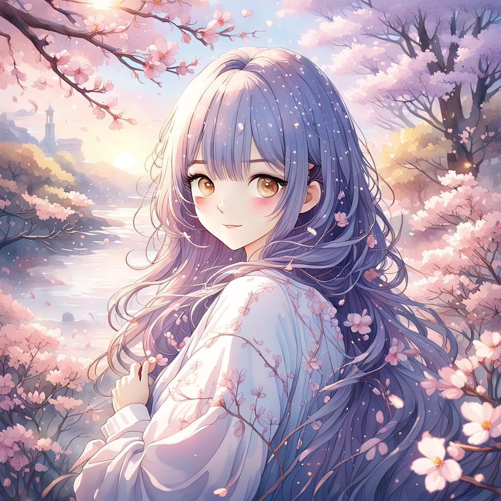 Pastel Anime Girl in Watercolor Garden