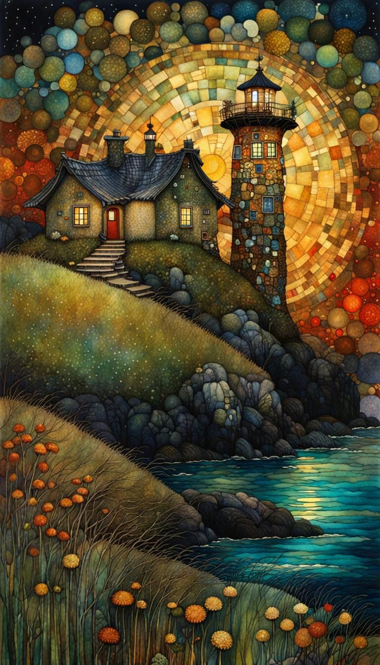 Lighthouse at Night in Art Nouveau Style