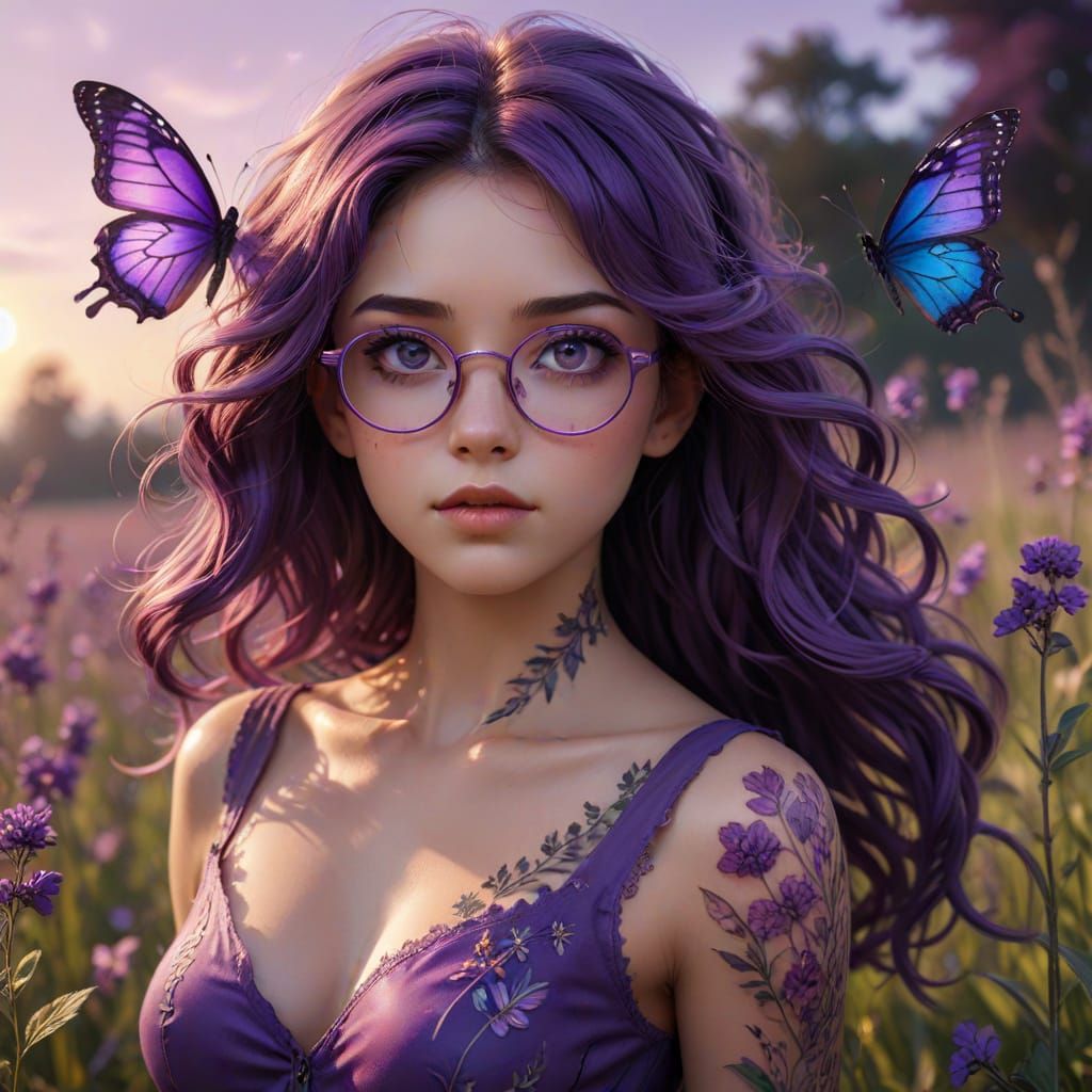 Violet-Eyed Woman in Surreal Meadow, Anime Style