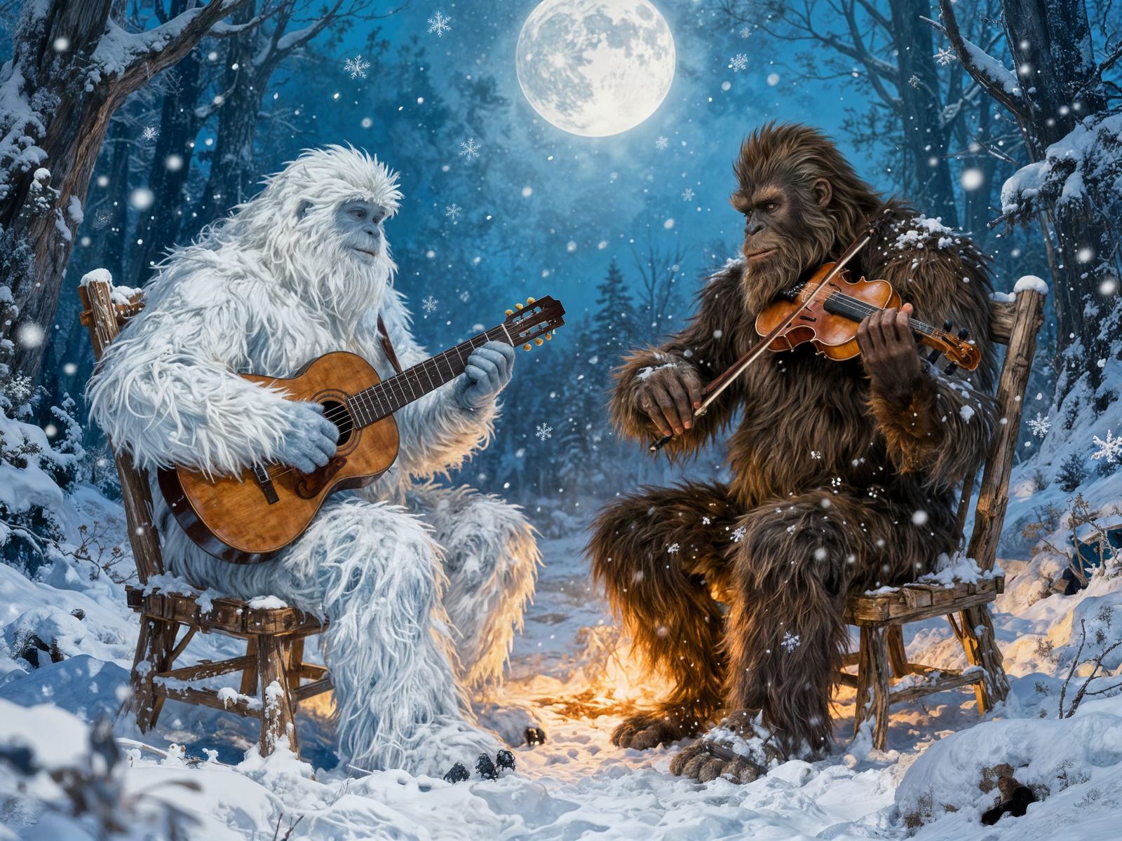 Bigfoot and Yeti Jam Session in Snowy Forest