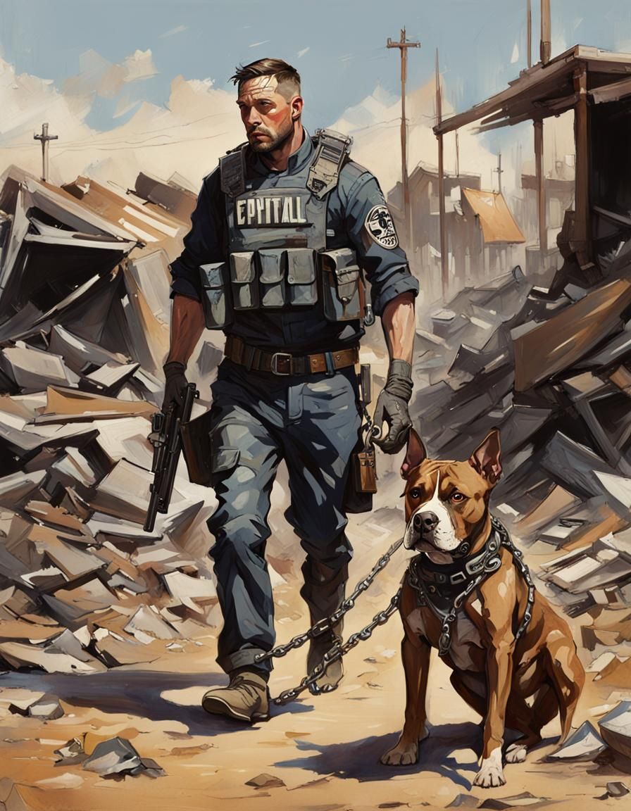 Dystopian Officer and Pitbull in Leyendecker Style