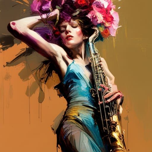 Saxophone Wrapped in Flowers: Detailed Matte Painting